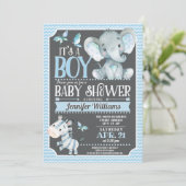 Elephant Baby shower Invitation, blauw en grijs Kaart (Staand voorkant)