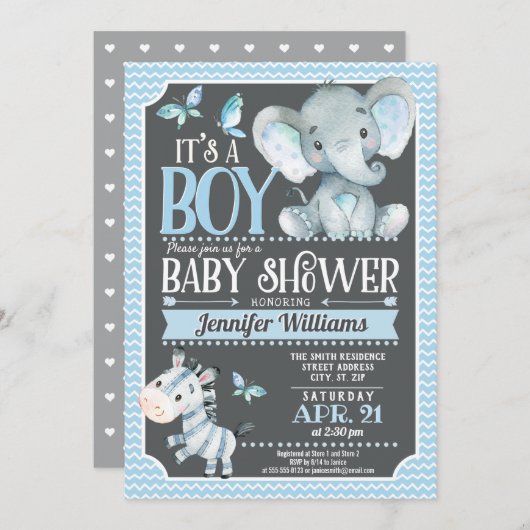 Elephant Baby shower Invitation, blauw en grijs Kaart (Voorkant / Achterkant)