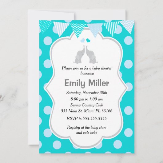 Elephant Baby shower Invitation Blauwgroen Blue Tw Kaart (Voorkant)