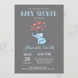 Elephant Baby shower Invitation Blue and Grey Boy Kaart