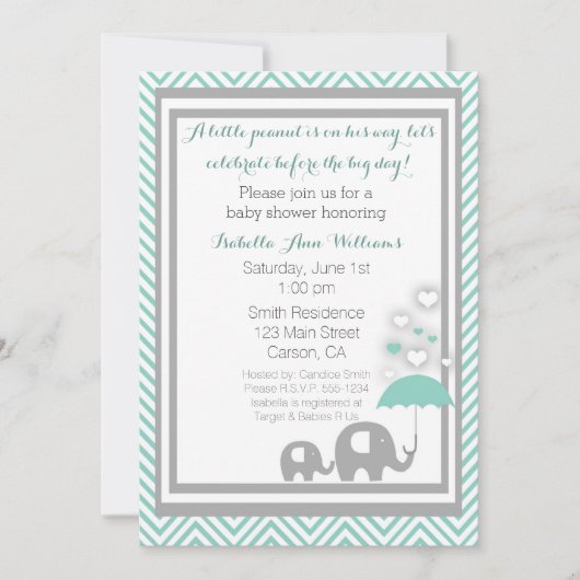 Elephant Baby shower Invitation - Blue and Grey Kaart (Voorkant)