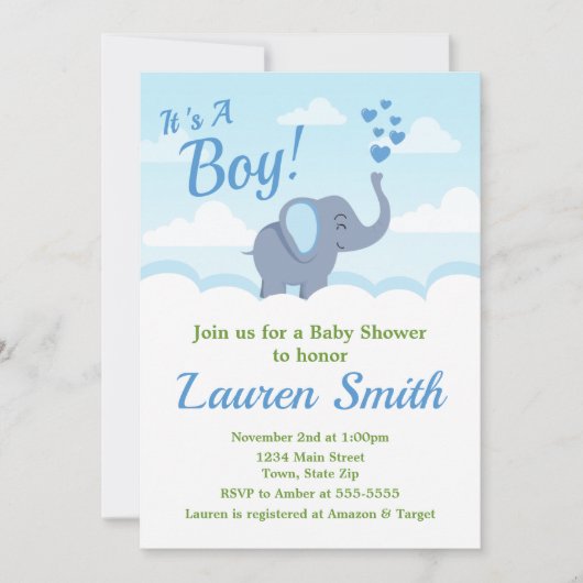 Elephant Baby shower Invitation Blue Elephant Boy Kaart (Voorkant)