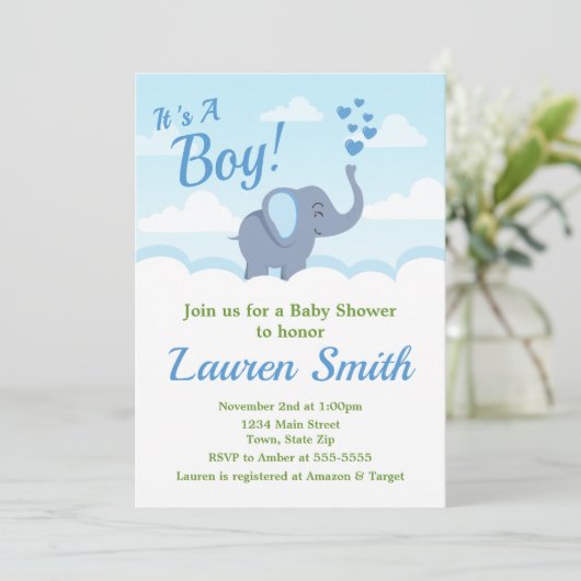 Elephant Baby shower Invitation Blue Elephant Boy Kaart (Staand voorkant)