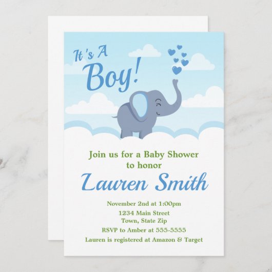Elephant Baby shower Invitation Blue Elephant Boy Kaart (Voorkant / Achterkant)
