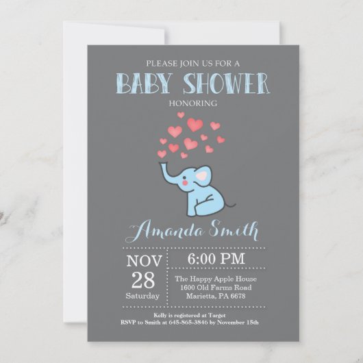 Elephant Baby shower Invitation Blue en Grey Boy Kaart (Voorkant)