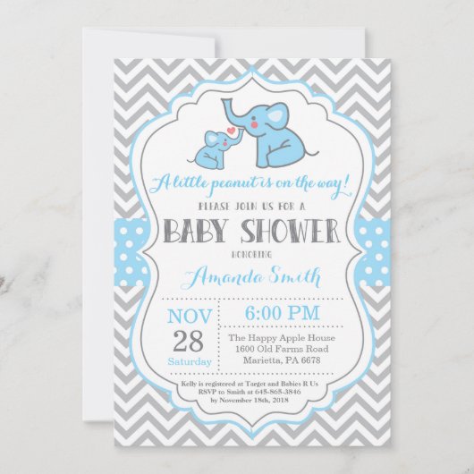 Elephant Baby shower Invitation Blue en Grey Kaart (Voorkant)