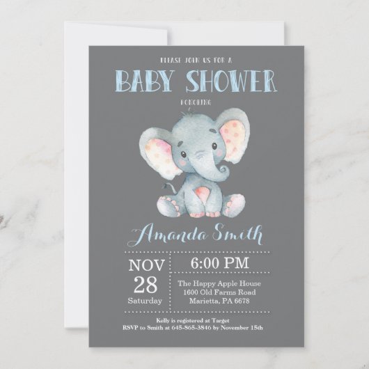 Elephant Baby shower Invitation Blue en Grey Kaart (Voorkant)