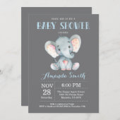 Elephant Baby shower Invitation Blue en Grey Kaart (Voorkant / Achterkant)