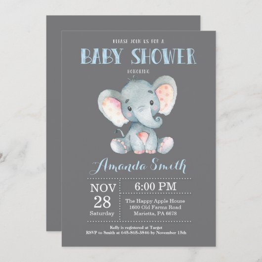 Elephant Baby shower Invitation Blue en Grey Kaart (Voorkant / Achterkant)