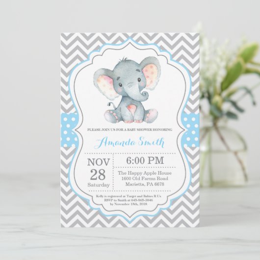 Elephant Baby shower Invitation Blue en Grey Kaart (Staand voorkant)
