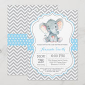 Elephant Baby shower Invitation Blue en Grey Kaart (Voorkant / Achterkant)