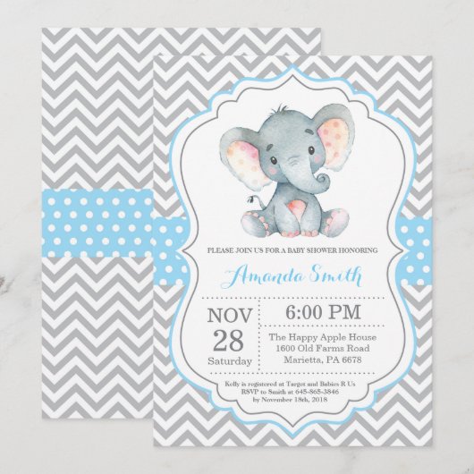 Elephant Baby shower Invitation Blue en Grey Kaart (Voorkant / Achterkant)
