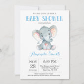 Elephant Baby shower Invitation Blue en Grey Kaart (Voorkant)