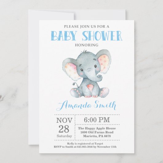 Elephant Baby shower Invitation Blue en Grey Kaart (Voorkant)