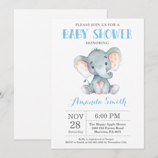 Elephant Baby shower Invitation Blue en Grey Kaart (Voorkant / Achterkant)