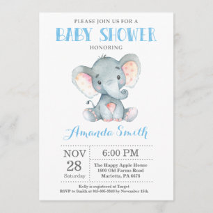 Elephant Baby shower Invitation Blue en Grey Kaart