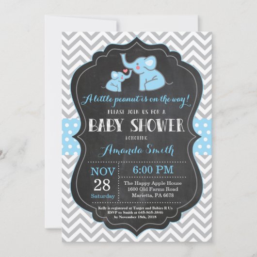 Elephant Baby shower Invitation Blue en Grey Kaart (Voorkant)