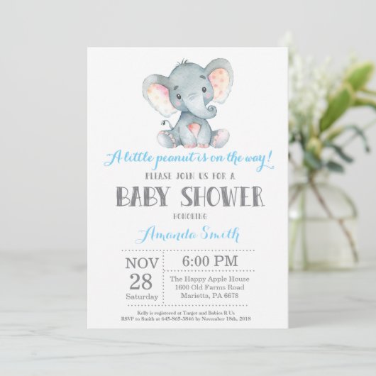 Elephant Baby shower Invitation Blue en Grey Kaart (Staand voorkant)