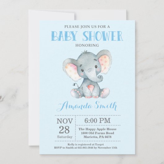 Elephant Baby shower Invitation Blue en Grey Kaart (Voorkant)
