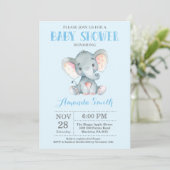 Elephant Baby shower Invitation Blue en Grey Kaart (Staand voorkant)