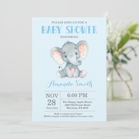 Elephant Baby shower Invitation Blue en Grey Kaart (Staand voorkant)