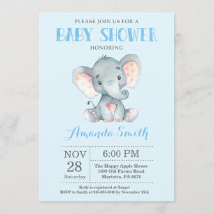 Elephant Baby shower Invitation Blue en Grey Kaart