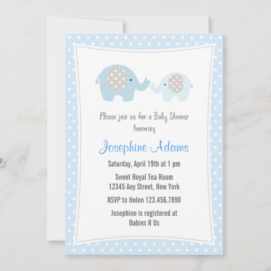 Elephant Baby shower Invitation Blue Kaart (Voorkant)