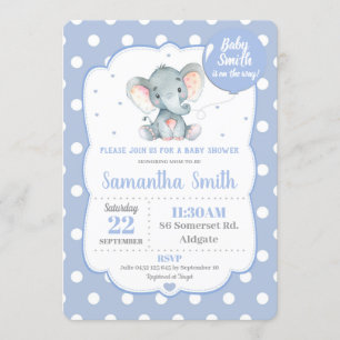 Elephant Baby shower Invitation Blue Polka Dot Boy Kaart