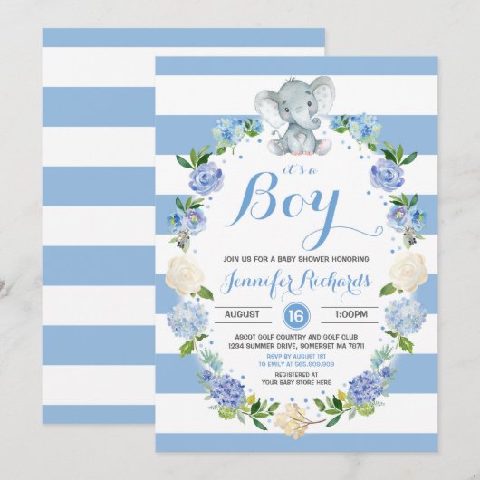 Elephant Baby shower Invitation Boy Baby shower Kaart (Voorkant / Achterkant)