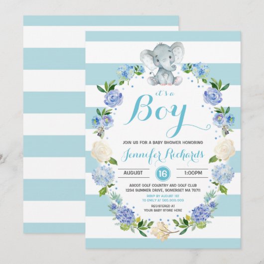 Elephant Baby shower Invitation Boy Baby shower Kaart (Voorkant / Achterkant)