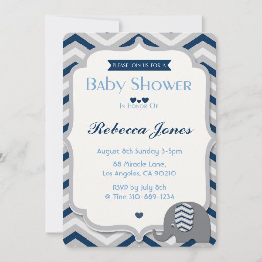 Elephant Baby shower Invitation Boy Blue Chevron Kaart (Voorkant)