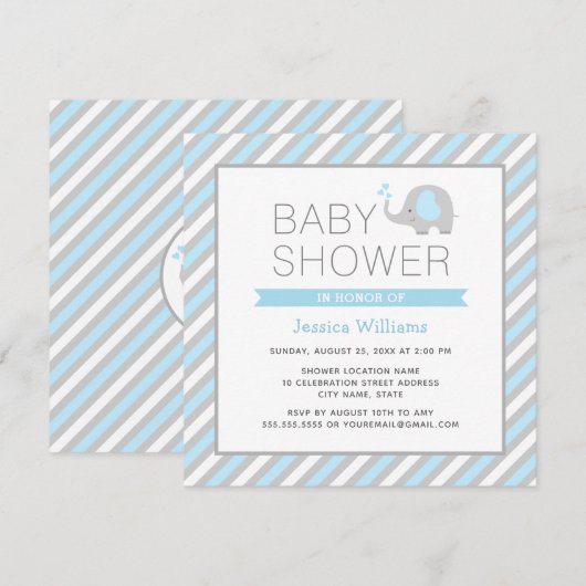 Elephant Baby shower Invitation Boy - Blue & Grey Kaart (Voorkant / Achterkant)