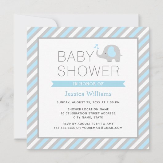 Elephant Baby shower Invitation Boy - Blue & Grey Kaart (Voorkant)