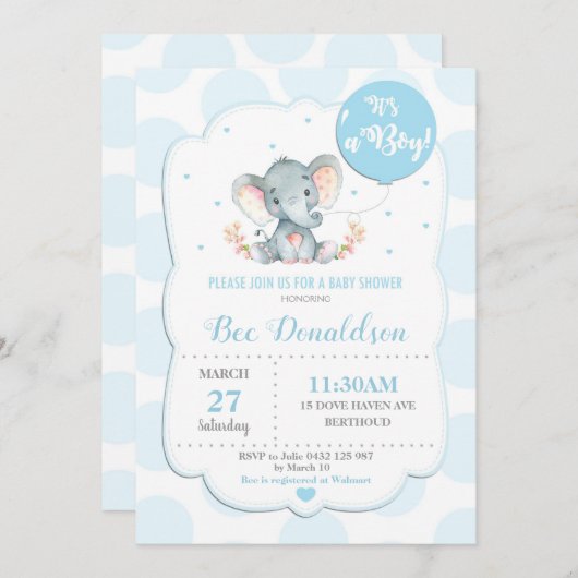 Elephant Baby shower Invitation Boy Blue Polka Dot Kaart (Voorkant / Achterkant)
