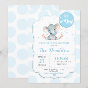 Elephant Baby shower Invitation Boy Blue Polka Dot Kaart