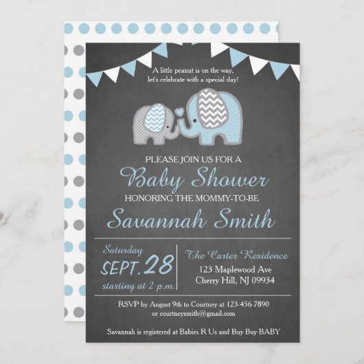 Elephant Baby shower Invitation Boy - Chalkboard Kaart (Voorkant / Achterkant)