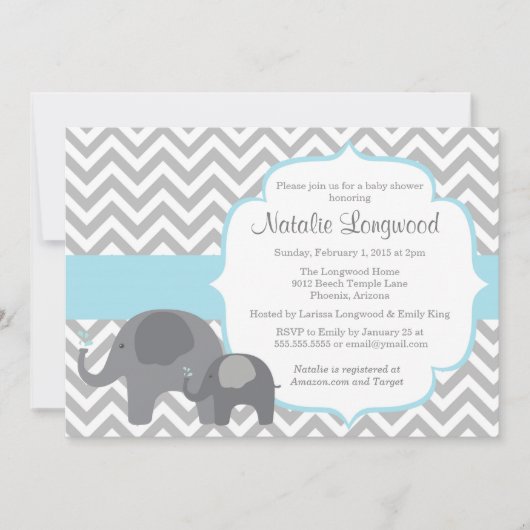 Elephant Baby shower Invitation, chevron blue boy Kaart (Voorkant)