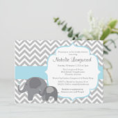 Elephant Baby shower Invitation, chevron blue boy Kaart (Staand voorkant)