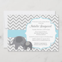 Elephant Baby shower Invitation, chevron blue boy
