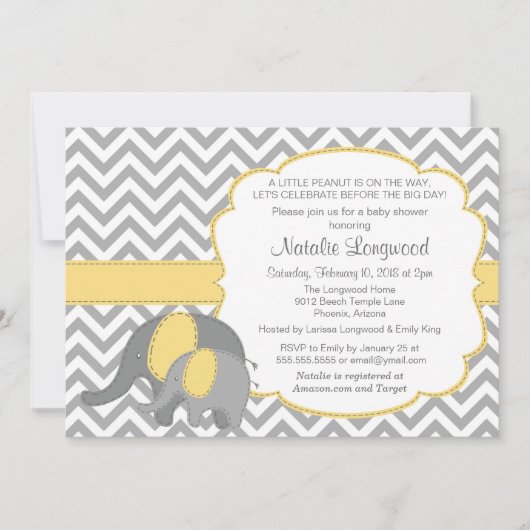 Elephant Baby shower Invitation, Chevron, geel Kaart (Voorkant)
