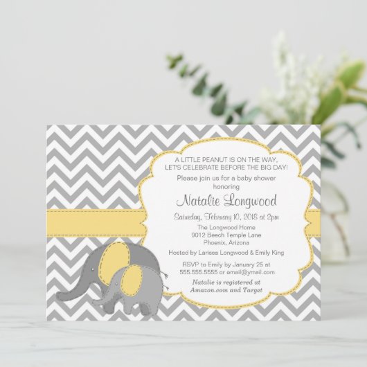Elephant Baby shower Invitation, Chevron, geel Kaart (Staand voorkant)