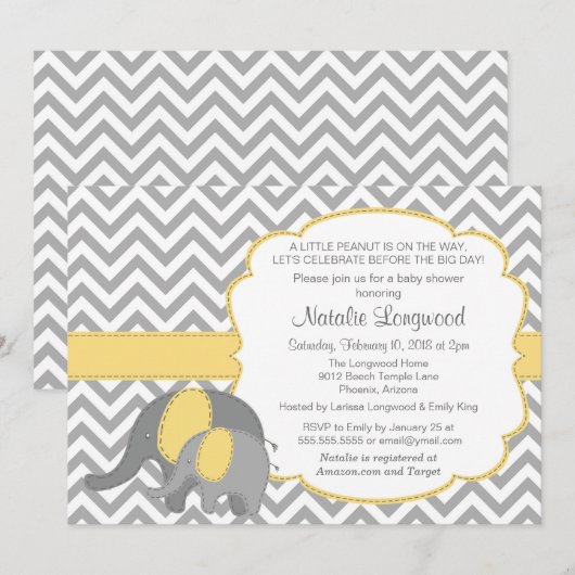 Elephant Baby shower Invitation, Chevron, geel Kaart (Voorkant / Achterkant)