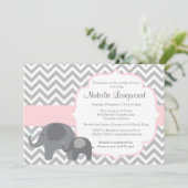 Elephant Baby shower Invitation, chevron met roze Kaart (Staand voorkant)