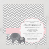 Elephant Baby shower Invitation, chevron met roze Kaart (Voorkant / Achterkant)