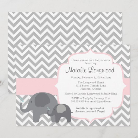 Elephant Baby shower Invitation, chevron met roze Kaart (Voorkant / Achterkant)