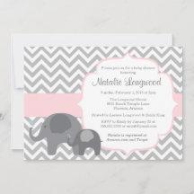 Elephant Baby shower Invitation, chevron met roze
