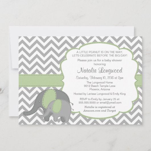 Elephant Baby shower Invitation Chevron mint groen Kaart (Voorkant)