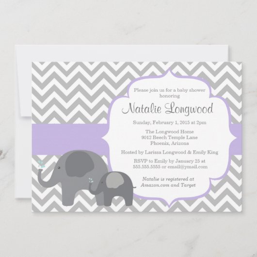Elephant Baby shower Invitation, chevron paars Kaart (Voorkant)