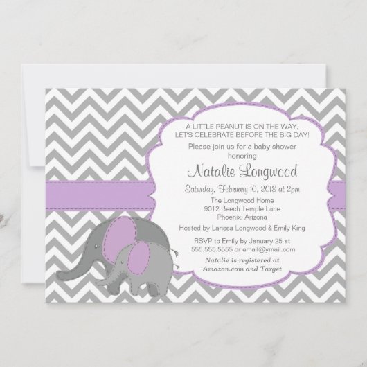 Elephant Baby shower Invitation, Chevron, paarse Kaart (Voorkant)