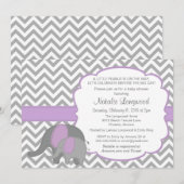 Elephant Baby shower Invitation, Chevron, paarse Kaart (Voorkant / Achterkant)